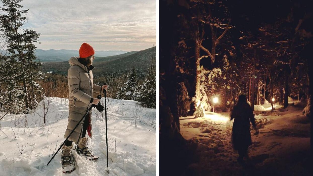 Randonnée au parc national du Mont-Mégantic. Droite : Randonnée hivernale aux flambeaux.
