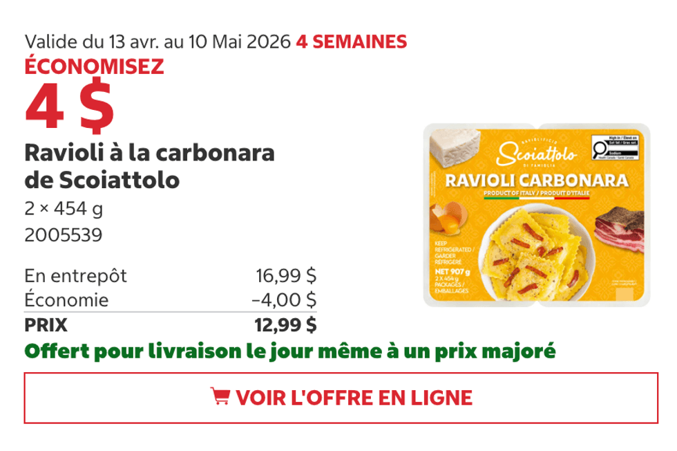 Ravioli \u00e0 la carbonara Scoiattolo au Costco.