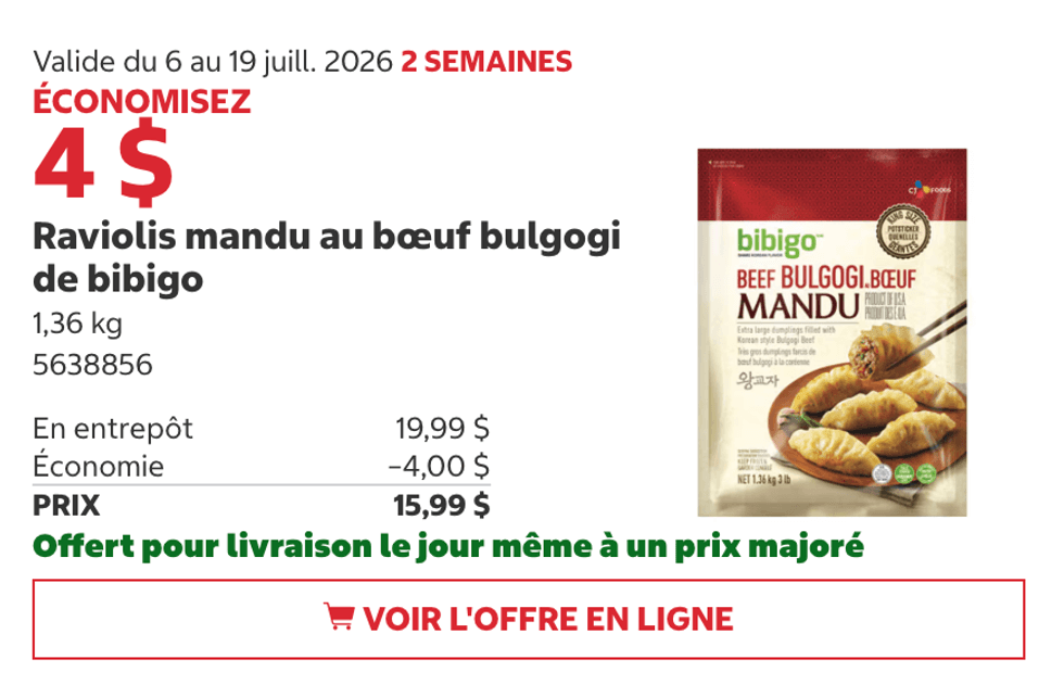 Raviolis mandu au b\u0153uf bulgogi de bibigo en rabais au Costco.