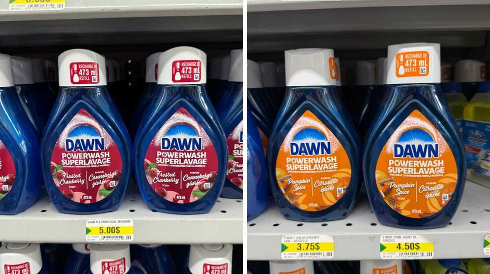 Recharges de savon \u00e0 vaisselle Dawn Superlavage de 473 ml aux parfums Canneberge givr\u00e9e et Citrouille \u00e9pic\u00e9e, vendues 5 $ chez Dollarama.
