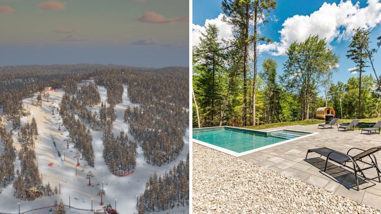 Rendu 3D de la station de ski du Lac Carling, incluse dans le projet du Domaine Pine Hill. Droite : Une piscine et un sauna en nature.