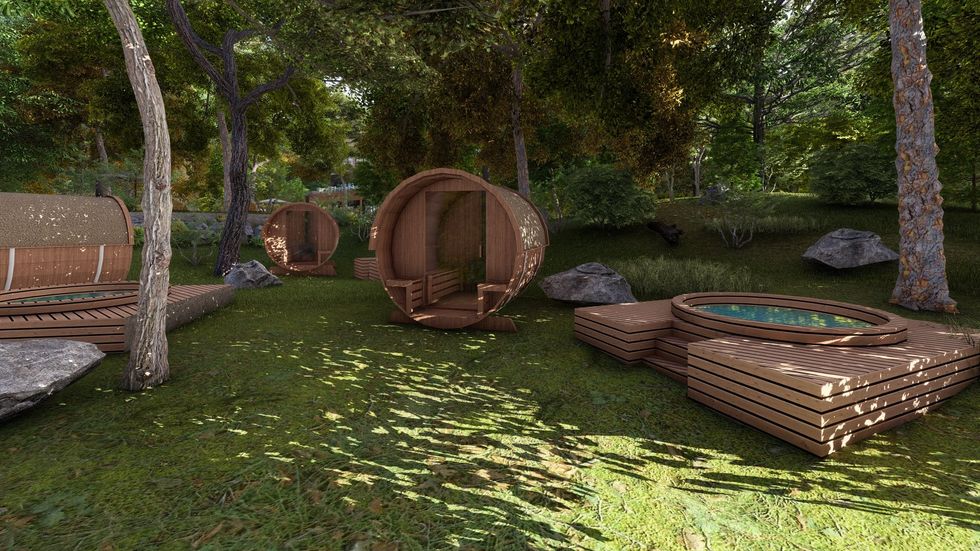 Rendu 3D des saunas et spas du pavillon d'accueil du Domaine Pine Hill.