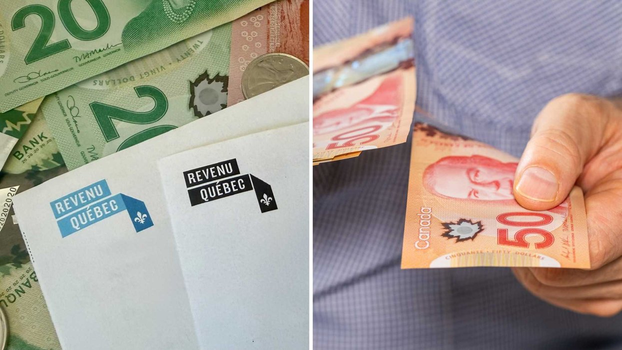 Revenu Québec et de l'argent. Droite : un homme qui tend de l'argent canadien.