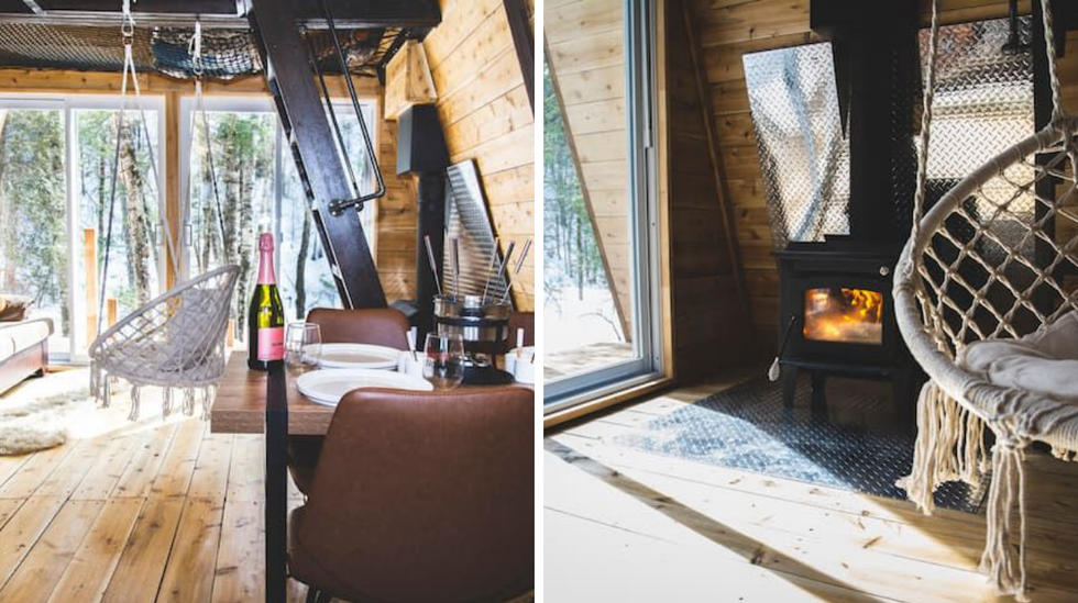 Rez-de-chauss\u00e9e du Airbnb La M\u00e9lilot. Droite : Feu de foyer.