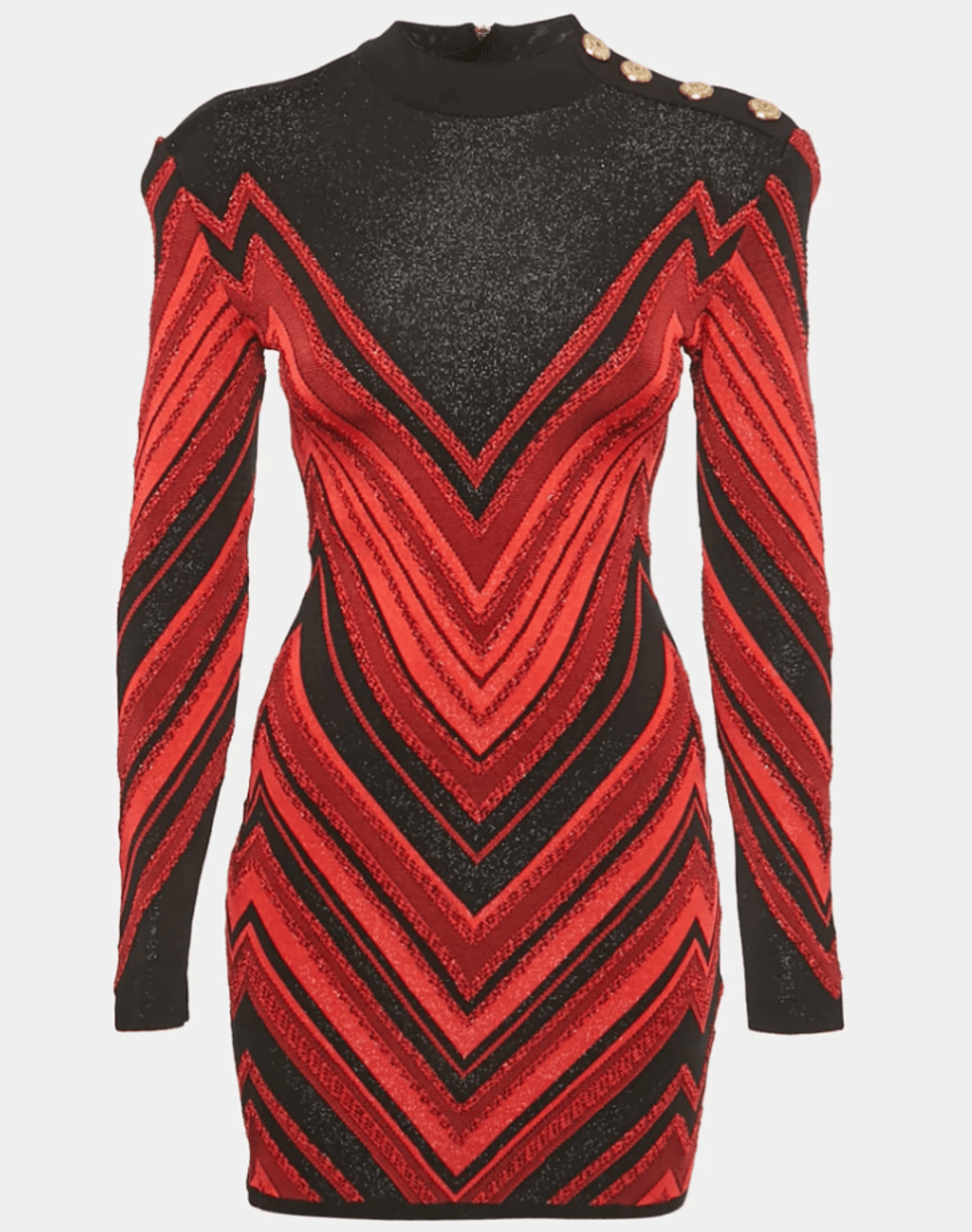 Robe Balmain rouge et noire \u00e0 motif chevron.