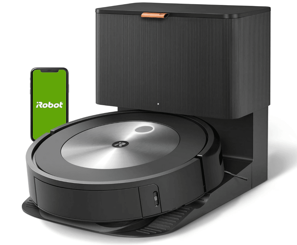 Robot aspirateur intelligent iRobot Roomba noir sur sa base.