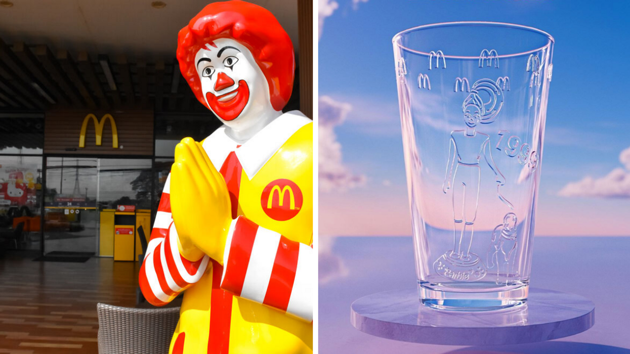 Ronald McDonald devant une succursalle. Droite : Un nouveau verre de la collection McDonald's.