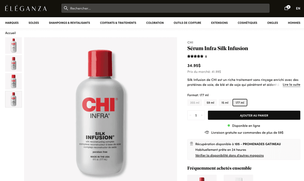 S\u00e9rum Infra Silk Infusion de CHI vendu sur la plateforme de la boutique \u00c9l\u00e9ganza.
