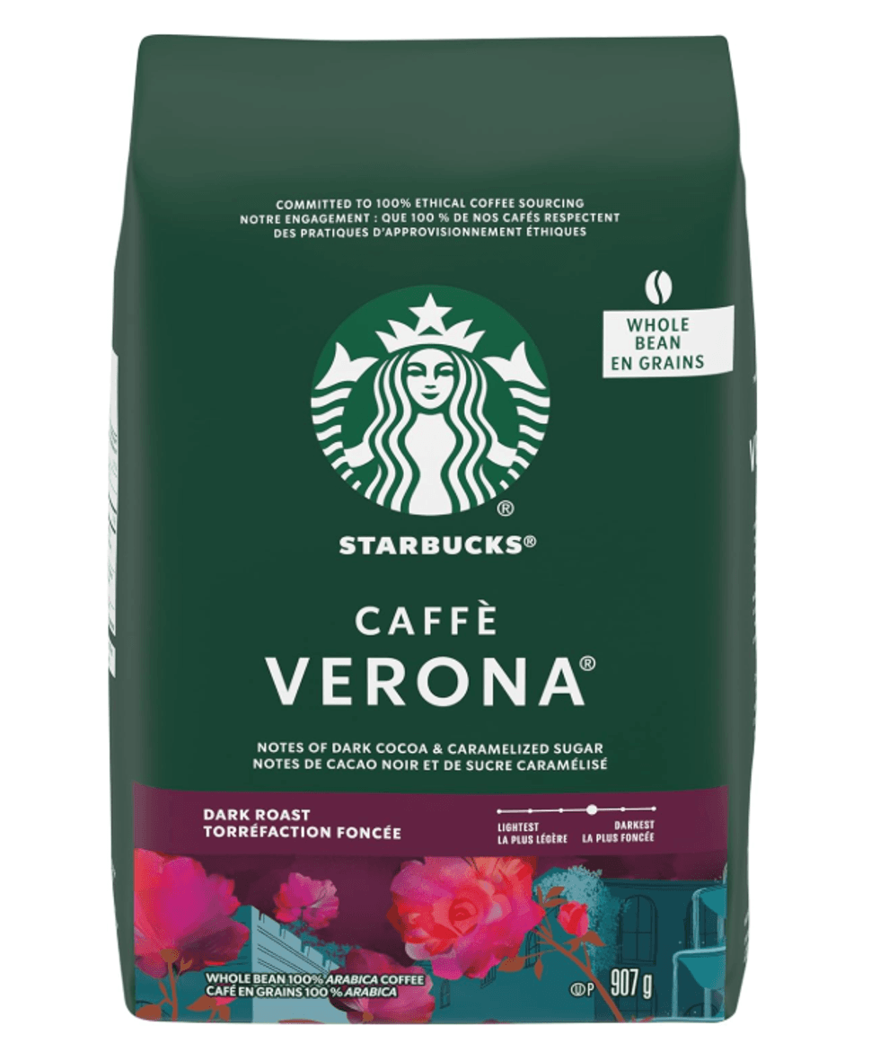 Sac de caf\u00e9 moulu Starbucks, sur fond blanc.