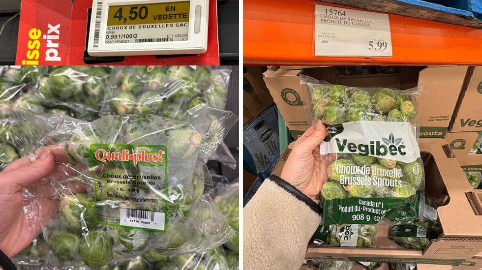 Sac de choux de Bruxelles en vente au Maxi. Droite : Sac de choux de Bruxelles en vente au Costco.