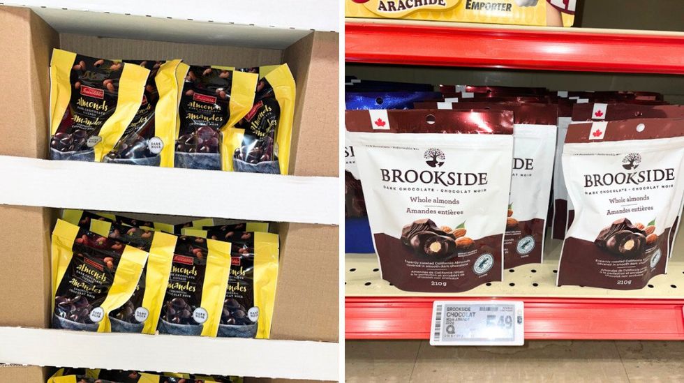 Sac de g\u00e2teries chocolat\u00e9es jaune \u00e0 l'\u00e9picerie. Droite: Amandes enrob\u00e9es de chocolat noir Brookside.