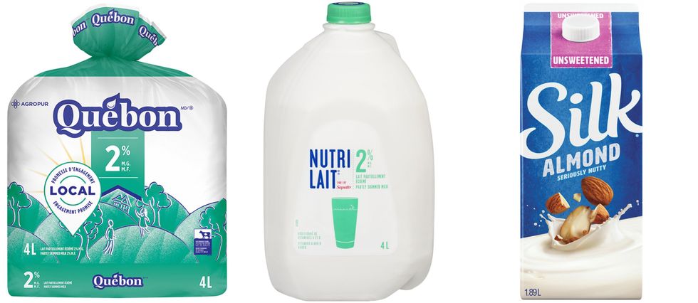 sac de quatre litres de lait Qu\u00e9bon sur fond blanc centre : contenant de quatre litres de lait Nutrilait sur fond blanc droite : carton de 1,89 litres de boisson aux amandes Silk sur fond blanc