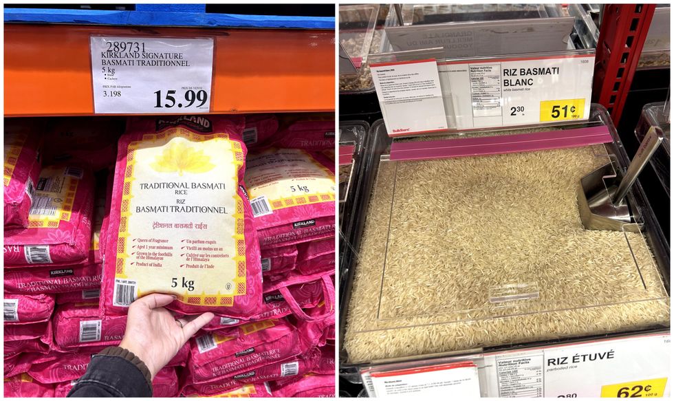 Sac rose de riz basmati \u00e0 vendre au Costco. Droite : Riz basmati en vrac au Bulk Barn.