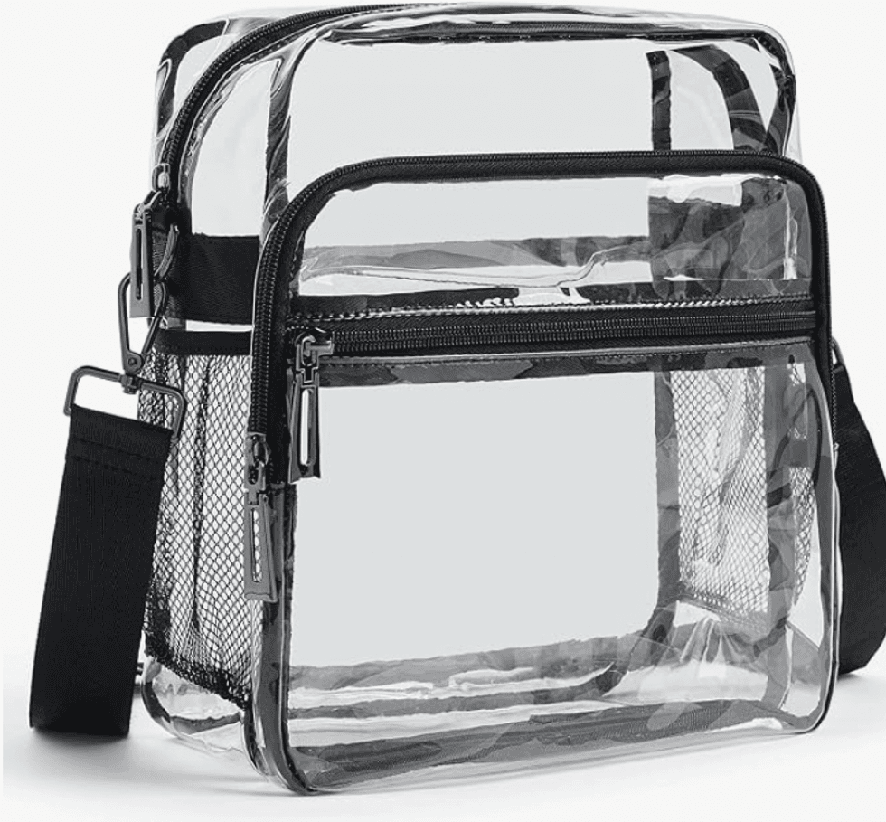 Sac transparent \u00e0 bandouli\u00e8re avec 3 pochettes.