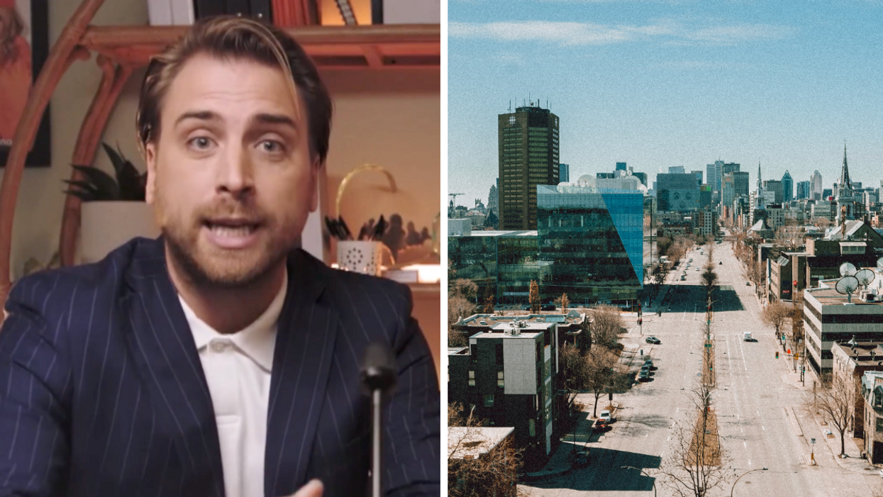 Sacha Bourque. Droite : Des condos à Montréal.