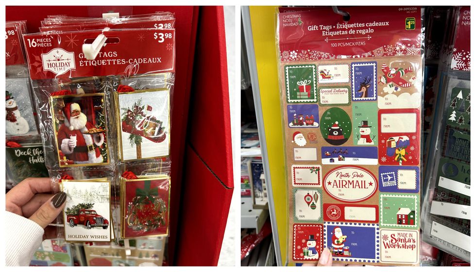 Sachet d'\u00e9tiquettes \u00e0 cadeaux rouges, blancs, verts et dor\u00e9s. Droite : Sachet d'\u00e9tiquettes \u00e0 cadeaux multicolores.