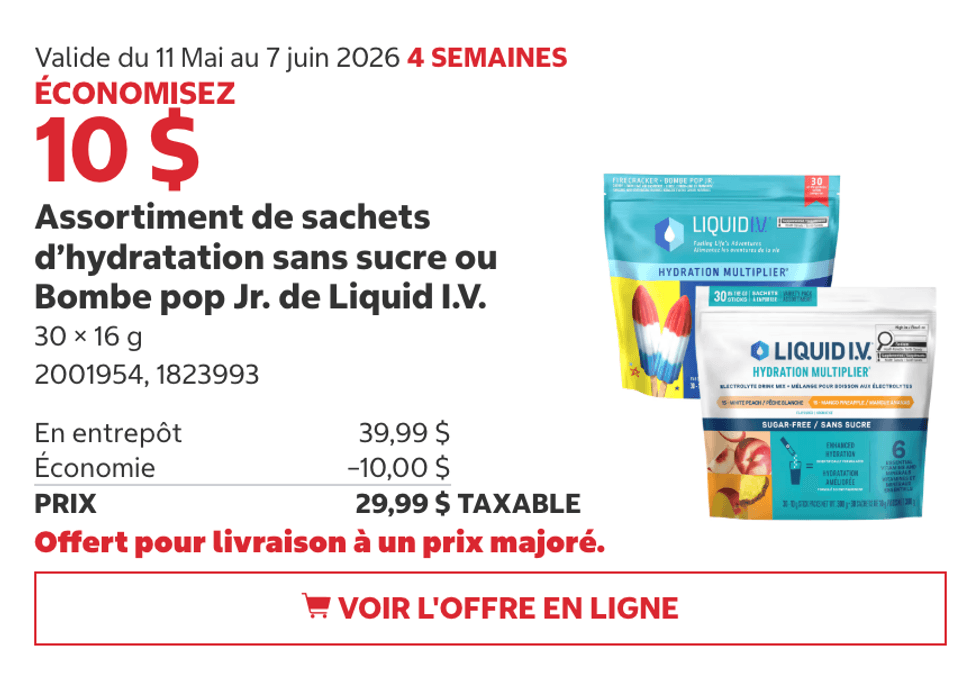 Sachets d\u2019hydratation Liquid I.V. sans sucre ou saveur Bombe pop Jr. (30 x 16 g) au Costco.