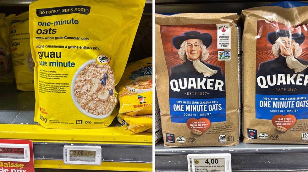 Sacs de 900g de gruau une minute de marque sans nom. Droite : Sacs de 900g de gruau une minute de marque Quaker.