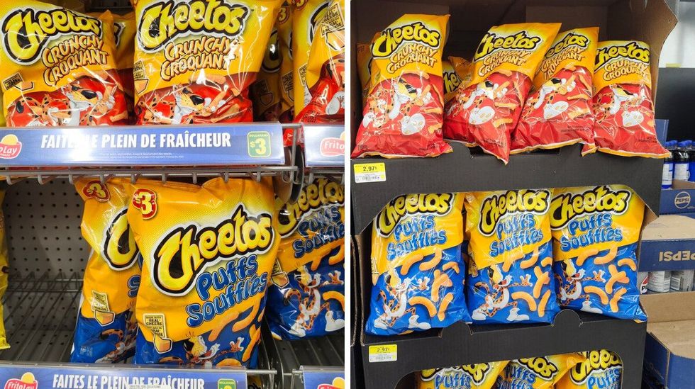 Sacs de Cheetos vendus au Dollarama. Droite : Sacs de Cheetos vendus au Walmart.