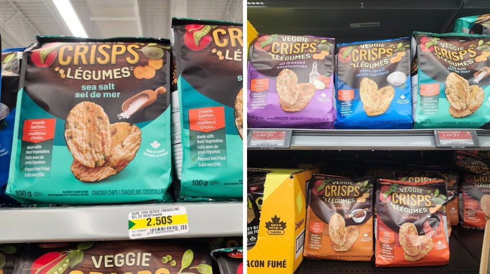 Sacs de Crips L\u00e9gumes vendus au Dollarama. Droite : Sacs de Crips L\u00e9gumes vendus au Walmart.