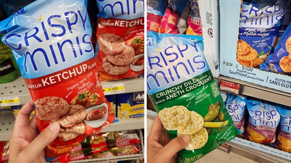 Sacs de Crispy Minis au Ketchup vendus au Dollarama. Droite : Sacs de Crispy Minis \u00e0 l'aneth croquant au Walmart.