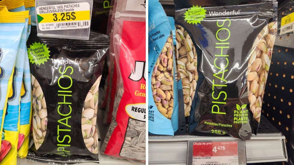 Sacs de Pistachios vendus au Dollarama. Droite : Sacs de Pistachios au Walmart.