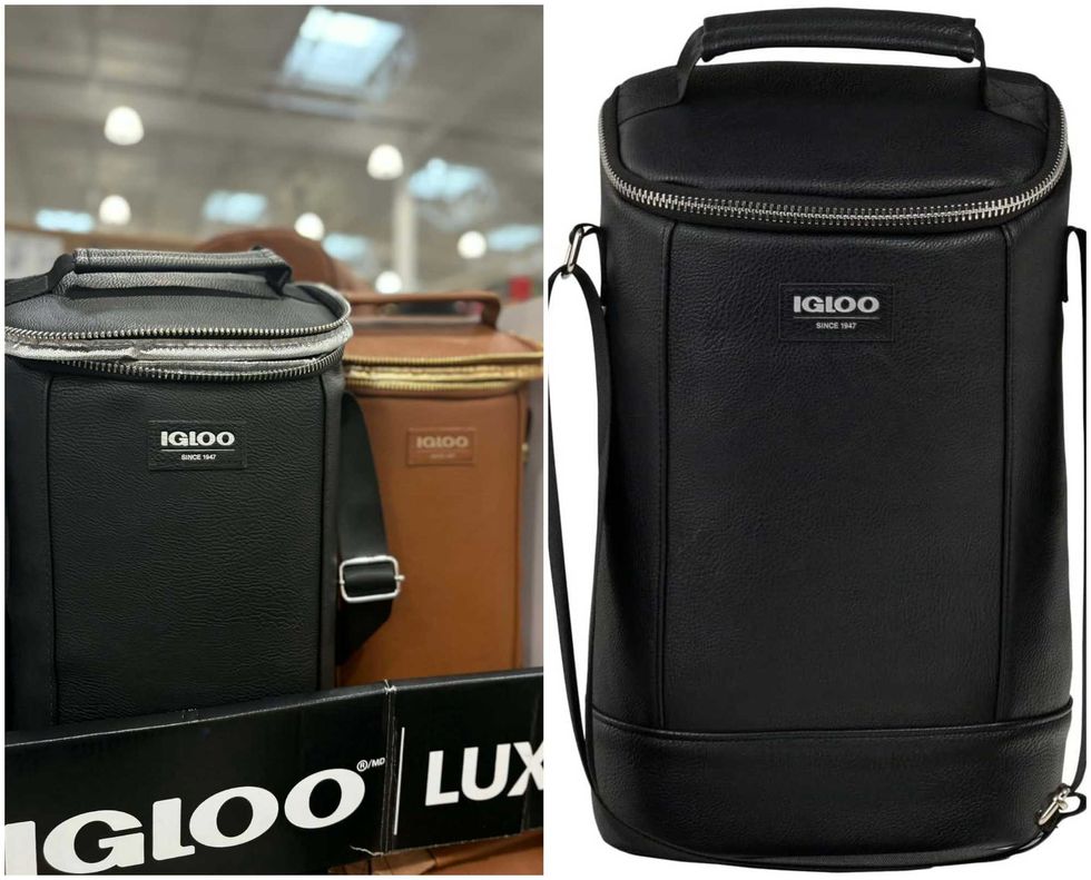 Sacs isotherme Igloo Luxe noir et brun avec finition effet cuir et bandouli\u00e8re ajustable au Costco. Droite : Le m\u00eame sac sur Amazon.