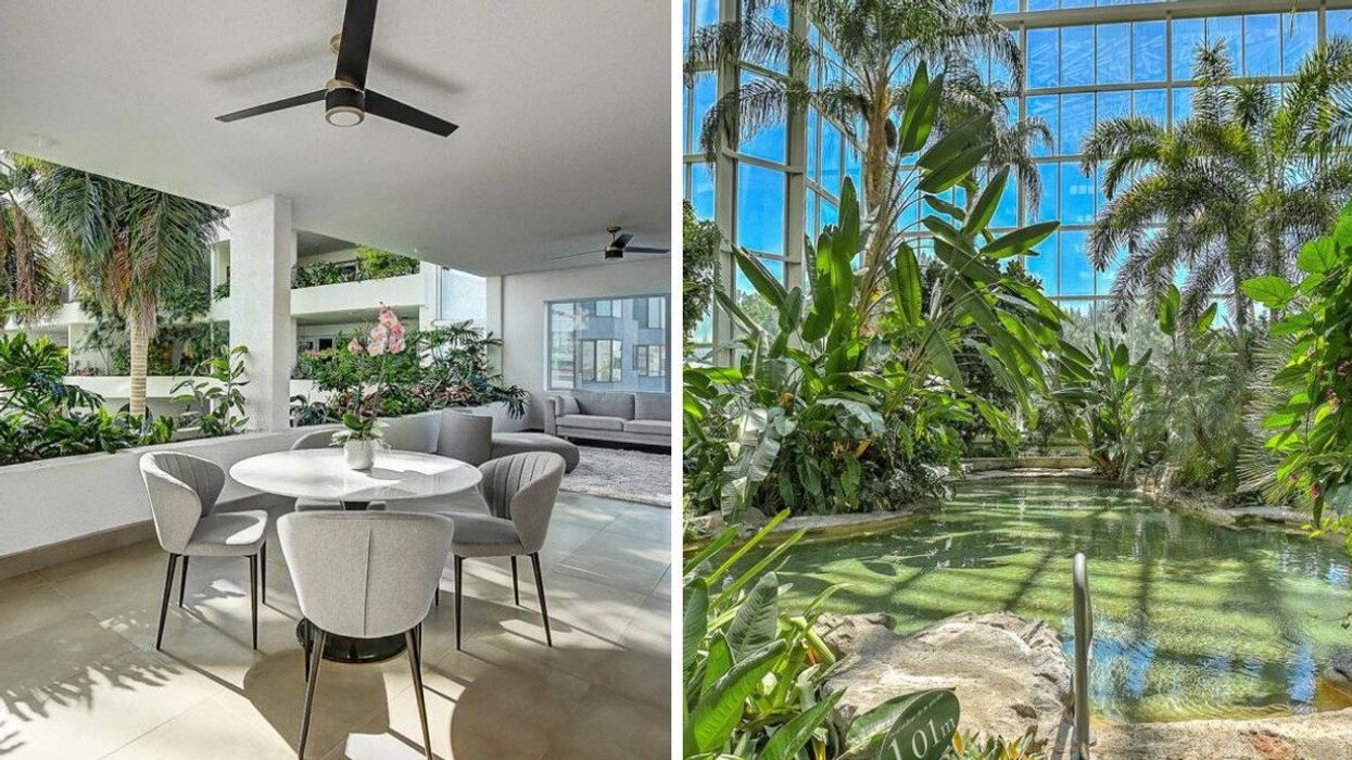 Salle à manger au Tropiques Nord. Droite : atrium et piscine intérieure.