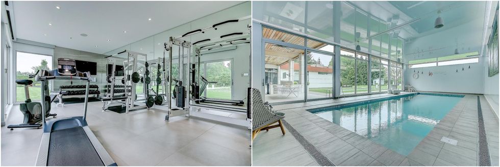 Salle d'entra\u00eenement. Droite : Piscine int\u00e9rieure.