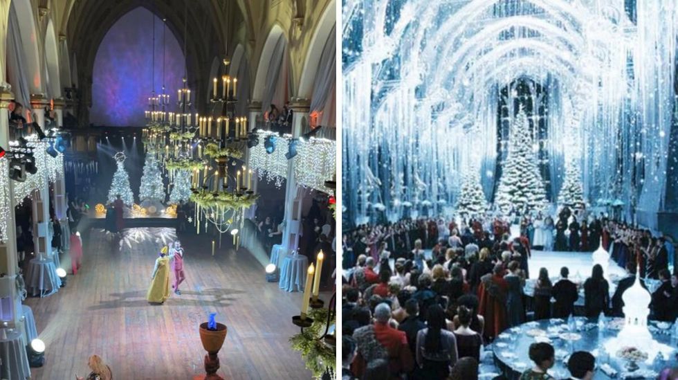 Salle de bal \u00e0 Montr\u00e9al. Droite : Capture d'\u00e9cran du film Harry Potter 4.