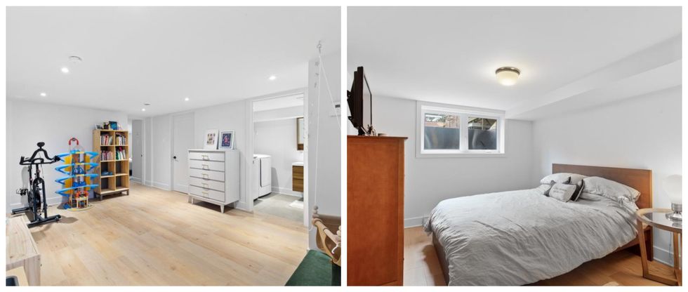 Salle familiale au sous-sol. Droite : Chambre au sous-sol.