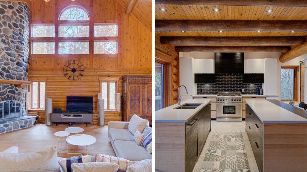 Salon d'un chalet en bois rond avec toit cath\u00e9drale. Droite : Cuisine moderne avec deux \u00eelots et plafond en bois.