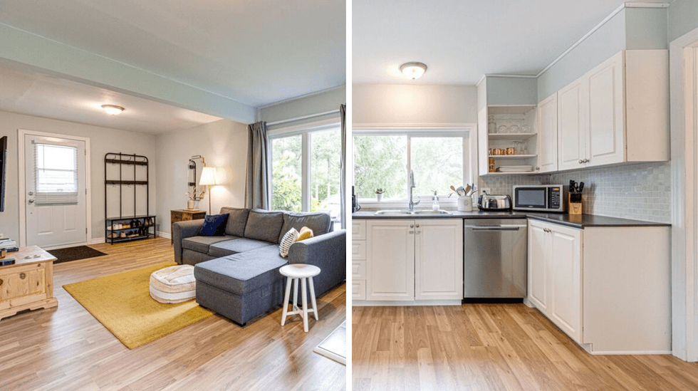 Salon. Droite : Cuisine.