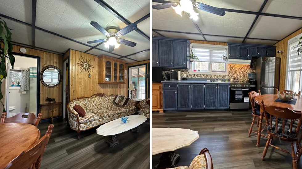 Salon. Droite : Cuisine.