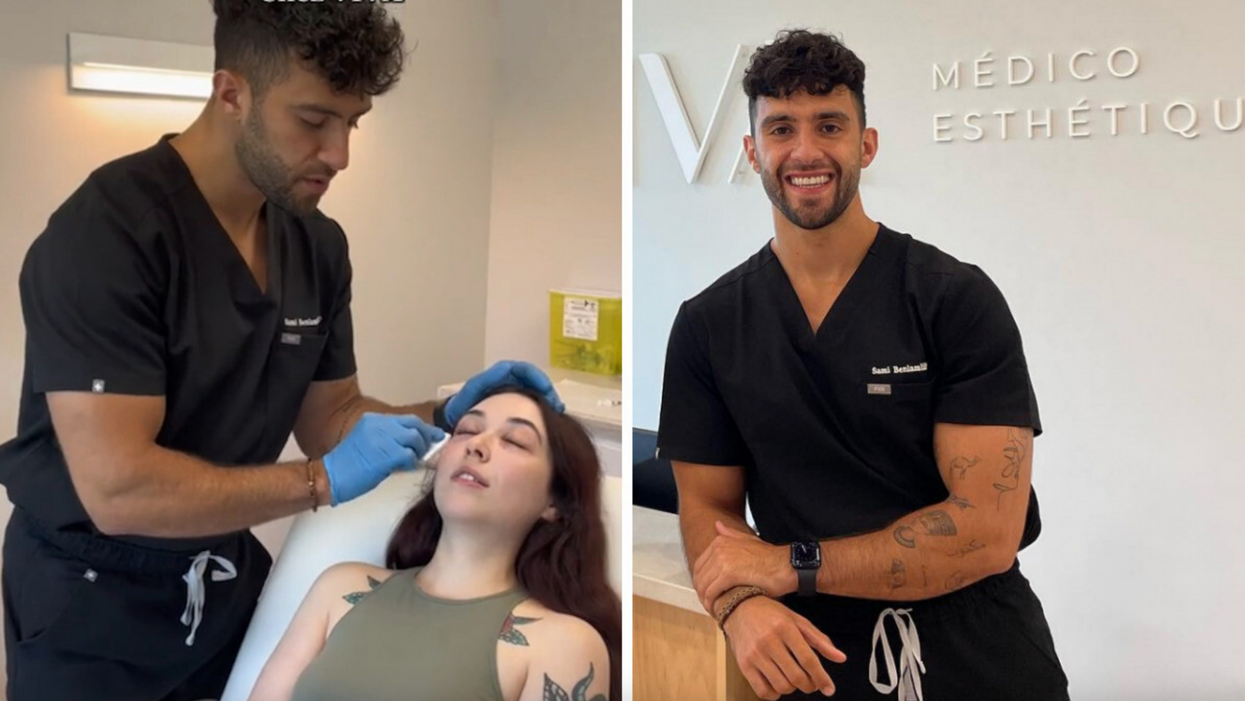 Sami Benlamlih, médecin injecteur, en action. Droite : Sami qui pose devant le logo de la clinique VIVA.
