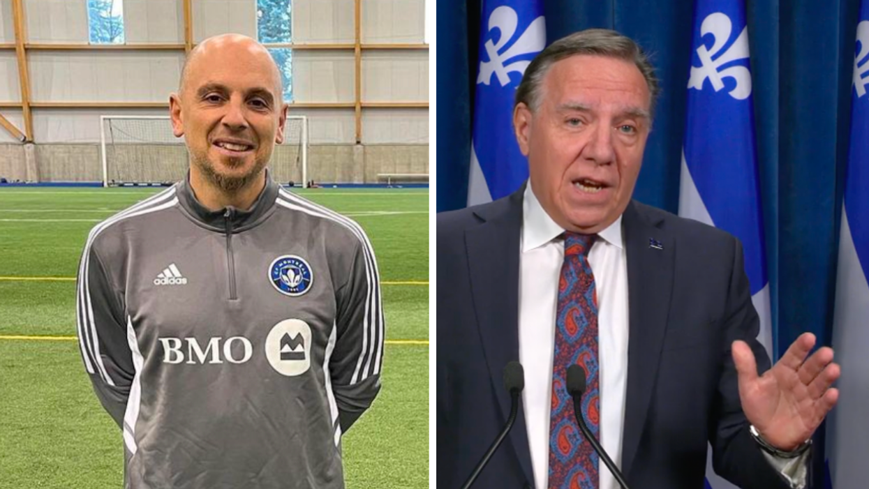 Sandro Grande, entraîneur du CF-Montréal. Droite : François Legault.