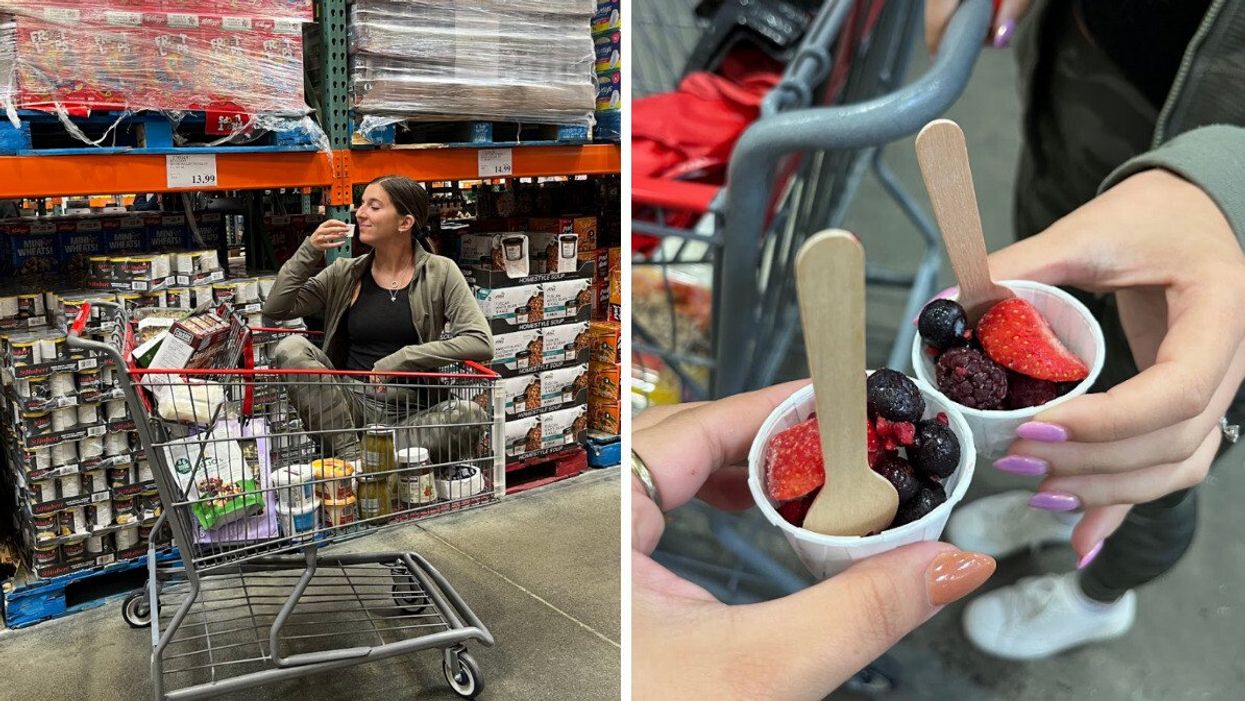 Sarah au Costco. Droite : Fruits en dégustation au Costco.