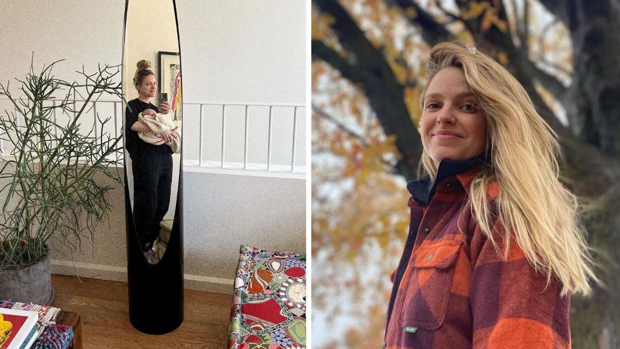 Sarah-Jeanne Labrosse et son bébé. Droite : Sarah-Jeanne Labrosse.