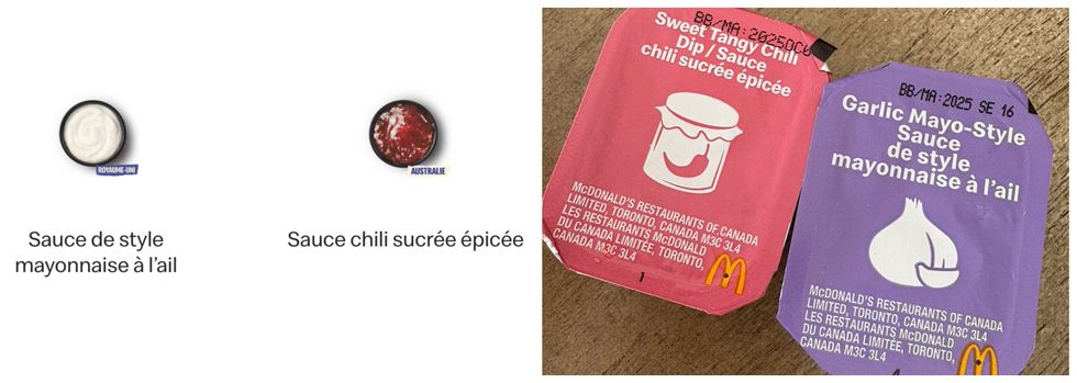 Sauce de style mayonnaise \u00e0 l\u2019ail et la sauce chili sucr\u00e9e \u00e9pic\u00e9e sur le site du McDonald's. Droite : Les emballages.