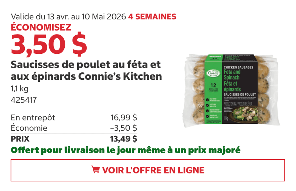 Saucisses de poulet f\u00e9ta et \u00e9pinards Connie\u2019s Kitchen au Costco.