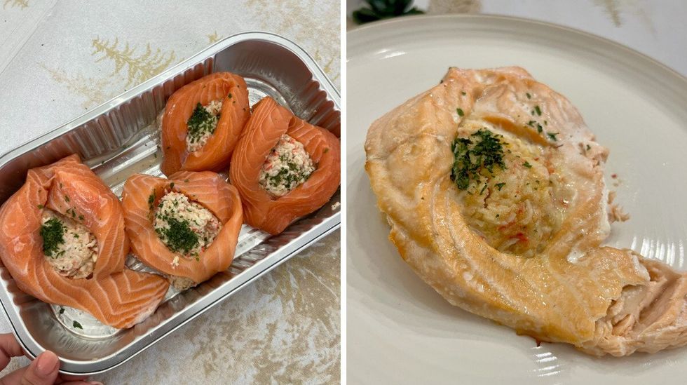 Saumon farci du Costco dans son emballage. Droite : Le saumon farci cuit.