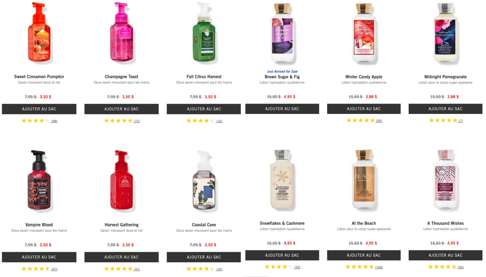 Savons \u00e0 main et cr\u00e8mes corporelles Bath & Body Works.