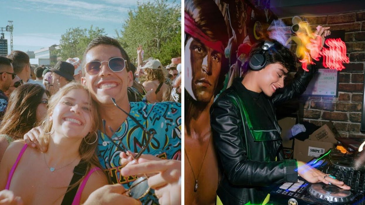 Selfie d'un couple souriant dans la foule d'un festival de musique. A droite : Un DJ joue des chansons dans un club.