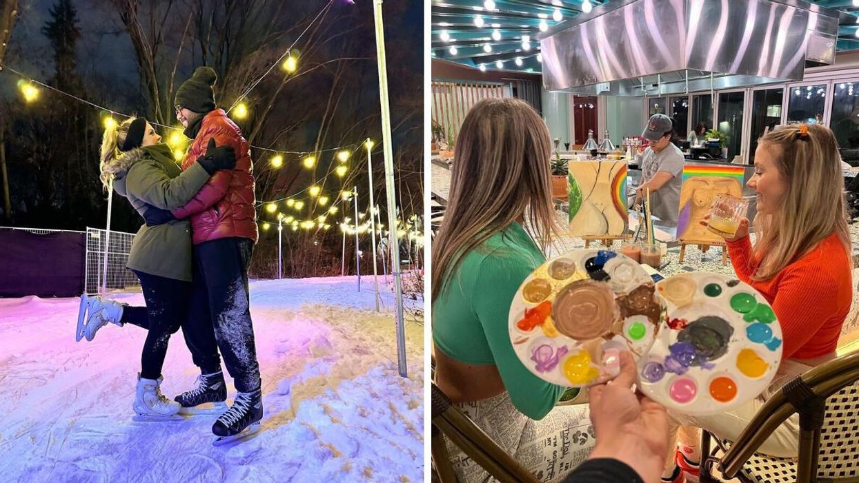 Sentier de glace au parc Jean-Drapeau. Droite : Activité de peinture au restaurant Pancho à Montréal.