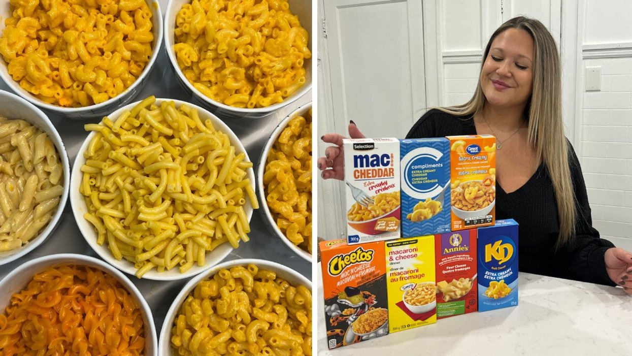 Sept bols remplis de macaroni au fromage. Droite : Izabelle et les sept boîtes de carton contenant les macaronis.