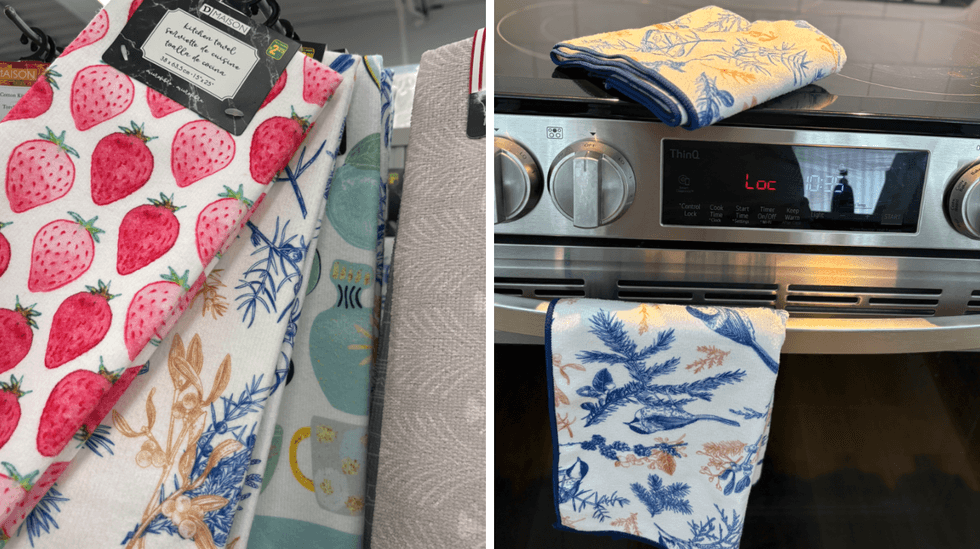 Serviettes de cuisine \u00e0 motifs sur les \u00e9tag\u00e8res du Dollarama. Droite : serviettes de cuisine sur un four.
