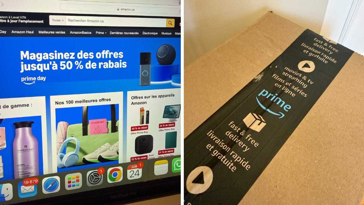 Site Web d'Amazon Canada pendant les Prime Days. Droite : Une boîte Amazon Prime.