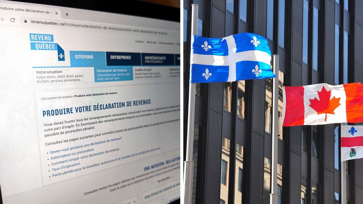 Site Web de Revenu Québec. Droite : Drapeaux du Québec, du Canada et de Montréal.