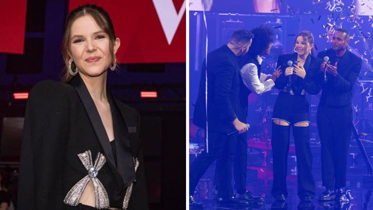 Sophie Grenier, gagnante de La Voix. Droite : Les finalistes et la gagnante de La Voix 2023.