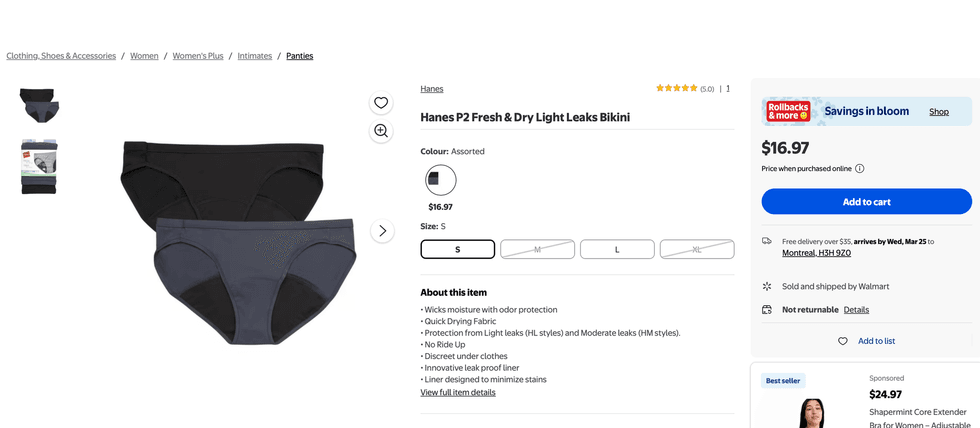 Sous-v\u00eatement menstruels Hanes vendu sur le site de Walmart.